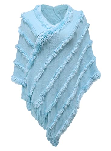 JFAN Poncho Damen Leichtes Cape mit Kuscheligem V-Ausschnitt Gestrickter Schal Herbst/Winter Blau von JFAN