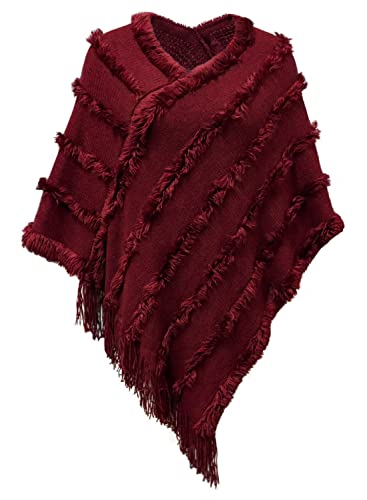 JFAN Poncho Damen Leichtes Cape mit Kuscheligem V-Ausschnitt Gestrickter Schal Herbst/Winter Burgundisch Weiß von JFAN