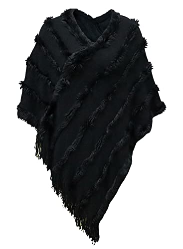 JFAN Poncho Damen Leichtes Cape mit Kuscheligem V-Ausschnitt Gestrickter Schal Herbst/Winter Schwarz von JFAN