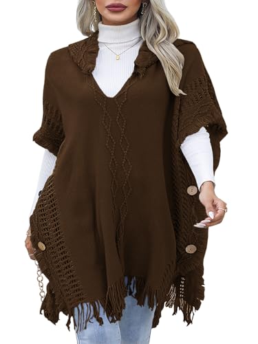 JFAN Poncho Damen Winter Strick Ponchos mit Quasten Hoodie Cape mit Kapuze und Knöpfen Braun von JFAN