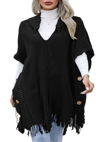 JFAN Poncho Damen Winter Strick Ponchos mit Quasten Hoodie Cape mit Kapuze und Knöpfen Schwarz von JFAN