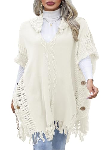 JFAN Poncho Damen Winter Strick Ponchos mit Quasten Hoodie Cape mit Kapuze und Knöpfen Weiß von JFAN