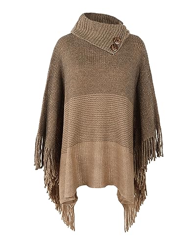 JFAN Poncho Damen Winter Strick Ponchos & Capes für Damen Elegant Warm mit Ärmel Lange Trendy Oversize Strickpullover Tops,Kaki,One Size von JFAN