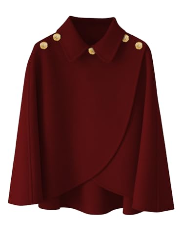 JFAN Poncho Damen Winter Warm Elegant Cape Cardigan Poncho mit Revers und Knöpfen für Herbst Winter,Burgunderrot von JFAN