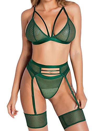 JFAN Reizwäsche Dessous Set Spitzen-BH-Set Babydolls Clubwear 3er-Set Grün L-XL von JFAN