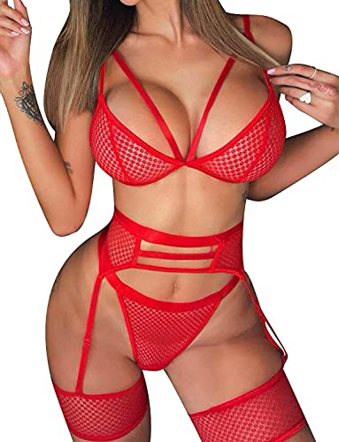 JFAN Reizwäsche Dessous Set Spitzen-BH-Set Babydolls Clubwear 3er-Set Rot L-XL von JFAN