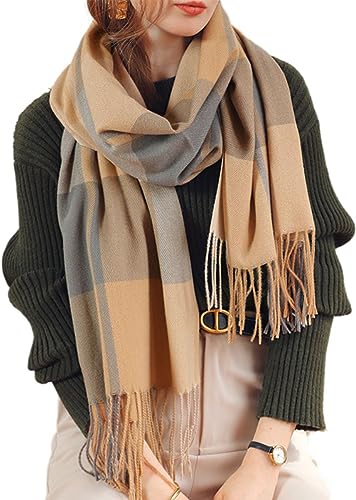 JFAN Schal kariert für Damen Winter Schal Pashmina Warmer Stola mit Baumwolle Fransen Scarves Cashmere Scarf for Women Shawls Wraps Gelb One Size von JFAN