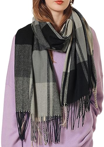 JFAN Schal kariert für Damen Winter Schal Pashmina Warmer Stola mit Baumwolle Fransen Scarves Cashmere Scarf for Women Shawls Wraps Schwarz One Size von JFAN