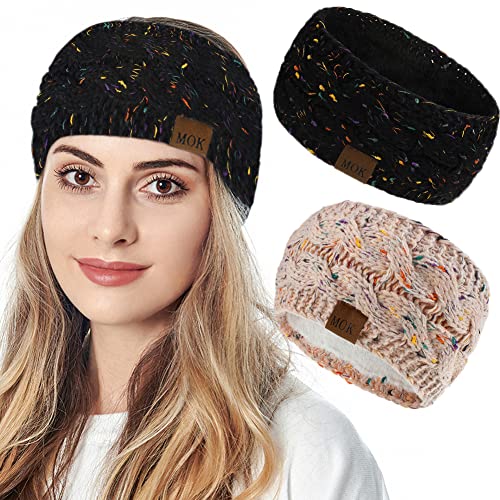 JFAN Stirnband Damen Winter Gestricktes Haarbänder Flauschig Weicher Ohrwärmer 2 Stück Farbig Schwarz+Rosa von JFAN