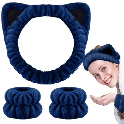 JFAN Stirnband und Armband Set Spa Bowknot HaarbäNder Elastic Spa Haarband füR Yoga üBungen Makeup Bad(Marineblau,Einheitsgröße) von JFAN