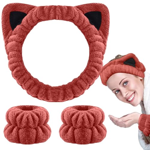 JFAN Stirnband und Armband Set Spa Bowknot HaarbäNder Elastic Spa Haarband füR Yoga üBungen Makeup Bad(Rot,Einheitsgröße) von JFAN