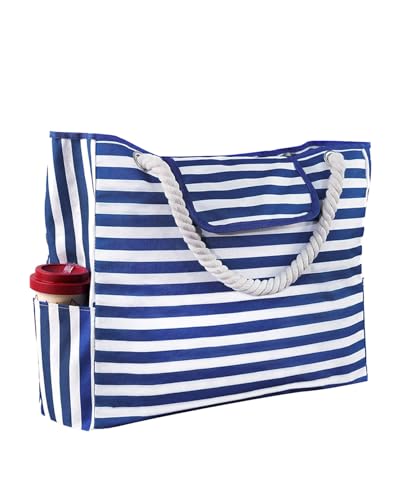 JFAN Strandtasche XXL Familie mit Magnetknopf Gestreifte Strandtasche Damen Groß Beach Bag Shopper 52 x 45 x 15 cm, Blau Gestreift von JFAN