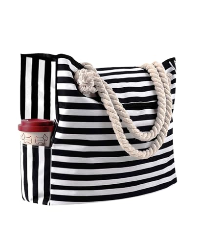 JFAN Strandtasche XXL Familie mit Magnetknopf Gestreifte Strandtasche Damen Groß Beach Bag Shopper 52 x 45 x 15 cm, Schwarze Gestreift von JFAN