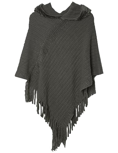 JFAN Strick Ponchos mit Damen Kapuze Cape Pullover Fransen Strickpullover Vielseitiger Kapuzen Schal Warm Coat Hoodie Dunkelgrau One Size von JFAN