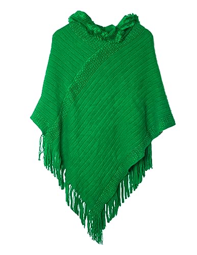 JFAN Strick Ponchos mit Damen Kapuze Cape Pullover Fransen Strickpullover Vielseitiger Kapuzen Schal Warm Coat Hoodie Grün One Size von JFAN