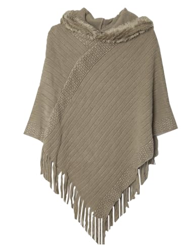 JFAN Strick Ponchos mit Damen Kapuze Cape Pullover Fransen Strickpullover Vielseitiger Kapuzen Schal Warm Coat Hoodie Khaki One Size von JFAN