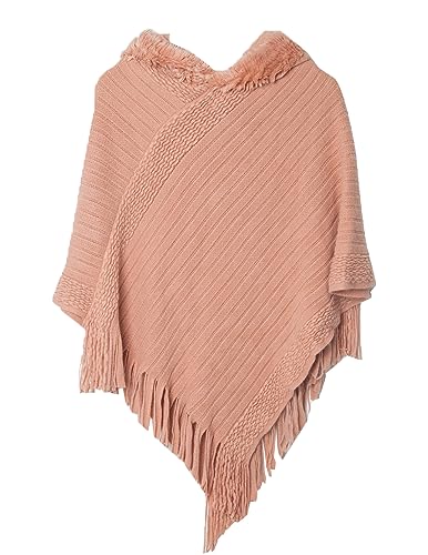 JFAN Strick Ponchos mit Damen Kapuze Cape Pullover Fransen Strickpullover Vielseitiger Kapuzen Schal Warm Coat Hoodie Rosa One Size von JFAN