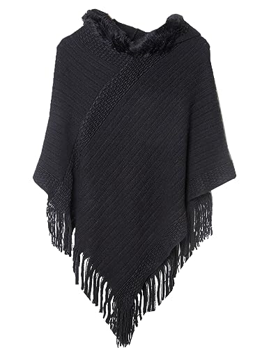 JFAN Strick Ponchos mit Damen Kapuze Cape Pullover Fransen Strickpullover Vielseitiger Kapuzen Schal Warm Coat Hoodie Schwarz One Size von JFAN