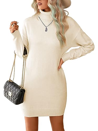 JFAN Strickkleid Damen Hoher Ausschnitt Pullover-Kleid Elegantes Kleid Casual Midikleider für Damen Beige L von JFAN