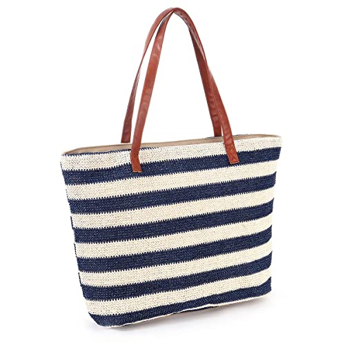 JFAN Stroh Strandtasche Große Damen Meer Tasche mit Reißverschluss Lässige Umhängetasche Sommer Blaue Streifen Einheitsgröße von JFAN
