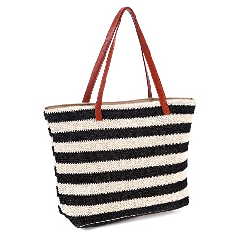 JFAN Stroh Strandtasche Große Damen Meer Tasche mit Reißverschluss Lässige Umhängetasche Sommer Schwarze Streifen Einheitsgröße von JFAN