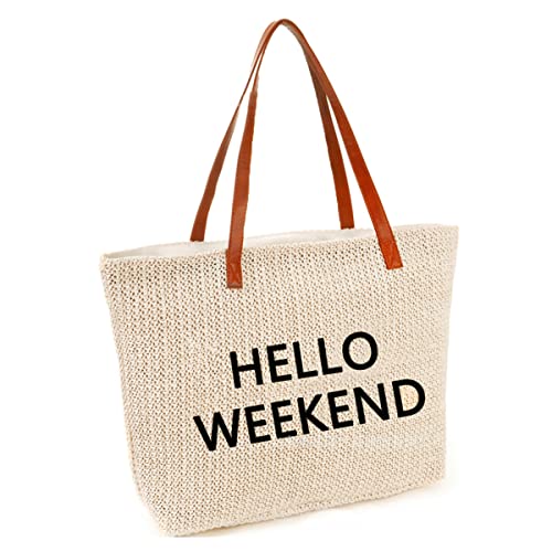 JFAN Stroh Strandtasche Große Damen Meer Tasche mit Reißverschluss Lässige Umhängetasche Sommer Weekend Beige Einheitsgröße von JFAN