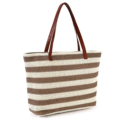 JFAN Stroh Strandtasche Große Damen Meer Tasche mit Reißverschluss Lässige Umhängetasche Sommer Weiße Streifen Einheitsgröße von JFAN