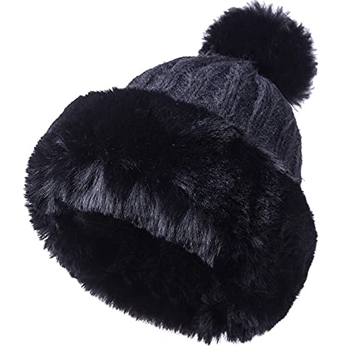 JFAN Warm Mütze Bommelmütze Damen Pudelmütze Winter Ski Mehrfarbig Mode Flauschige GEH?keltes Fell Strickmütze Schwarz One Size von JFAN