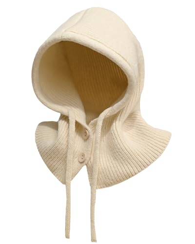 JFAN Warme Wintermütze mit Weichem Balaclava Strickmütze Skull Cap mit Kordelzug Weich Kapuzenschal Mütze Unisex Slouch Beanie Elastisch Mütze,Beige von JFAN