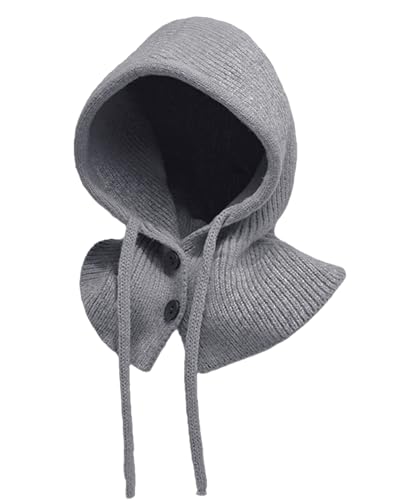 JFAN Warme Wintermütze mit Weichem Balaclava Strickmütze Skull Cap mit Kordelzug Weich Kapuzenschal Mütze Unisex Slouch Beanie Elastisch Mütze,Grau von JFAN