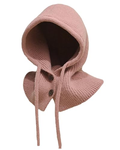 JFAN Warme Wintermütze mit Weichem Balaclava Strickmütze Skull Cap mit Kordelzug Weich Kapuzenschal Mütze Unisex Slouch Beanie Elastisch Mütze,Rosa von JFAN