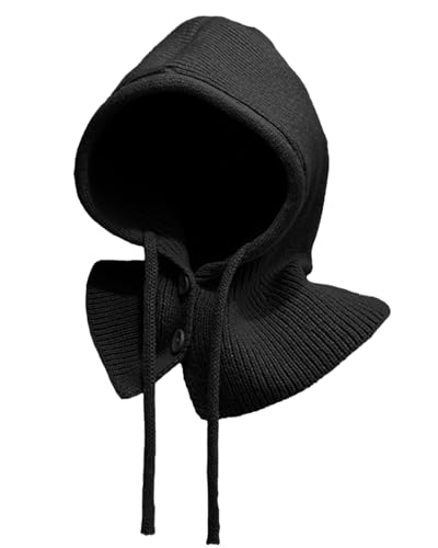 JFAN Warme Wintermütze mit Weichem Balaclava Strickmütze Skull Cap mit Kordelzug Weich Kapuzenschal Mütze Unisex Slouch Beanie Elastisch Mütze,Schwarz von JFAN