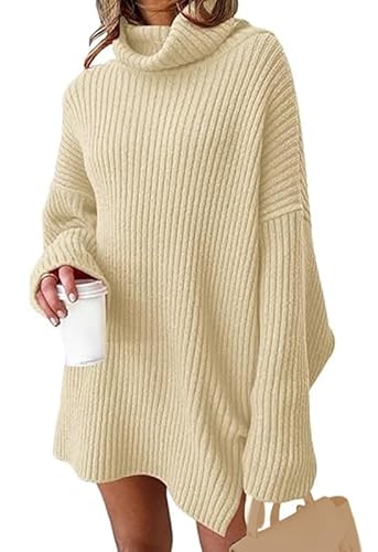 JFAN Winterkleid Damen Kleid Lange Knitted Dress Fledermausärmel Strickkleider Oversized Rollkragen Pullover,Beige,x-Large von JFAN