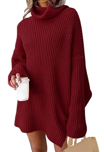 JFAN Winterkleid Damen Kleid Lange Knitted Dress Fledermausärmel Strickkleider Oversized Rollkragen Pullover,Rot,Large von JFAN