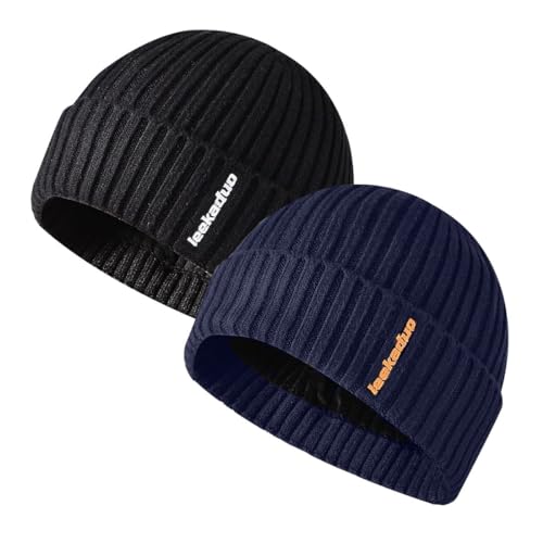 JFAN Wintermütze Herren Strick mit Fleecefutter Wollmütze Rollmütze Warm Beanie Mütze für Herren Damen,Schwarz + Marineblau Einheitsgröße von JFAN