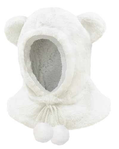JFAN Wintermütze Kinder Warm Schalmütze mit Fleecefutter Plüsch Beanie Bär Mütze Schal 2 in 1 Mit Bommel-Kordelzug für Jungen Mädchen Beige von JFAN