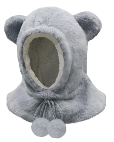 JFAN Wintermütze Kinder Warm Schalmütze mit Fleecefutter Plüsch Beanie Bär Mütze Schal 2 in 1 Mit Bommel-Kordelzug für Jungen Mädchen Grau von JFAN