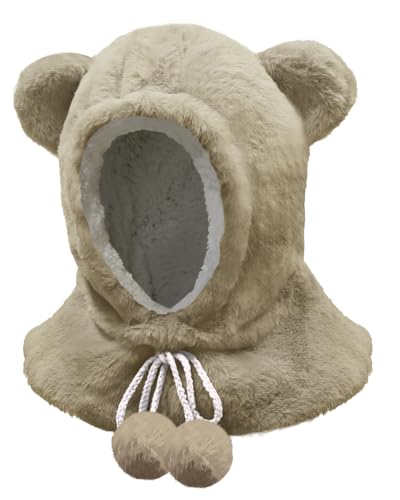 JFAN Wintermütze Kinder Warm Schalmütze mit Fleecefutter Plüsch Beanie Bär Mütze Schal 2 in 1 Mit Bommel-Kordelzug für Jungen Mädchen Khaki von JFAN