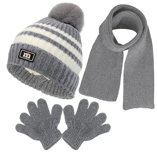 JFAN Wintermütze Schal Handschuhe Mädchen Set Kindermütze Strickmütze Kinder Mütze Schal Set Mütze Jungen Warme Winter Chenille Beanie Hut für Kinder 1-5 Jahre,Grau von JFAN