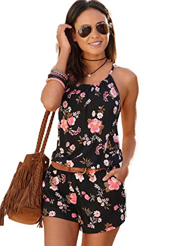 JFAN Women's Summer Dress Jumpsuit Sommer Casual Floral Print Ärmelloser Jumpsuit mit Taschen Schwarz L von JFAN