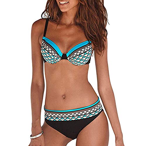 JFan Frauen Underwired Padded Bikini Set Tribal Print Sportliche Bikini Push Up Badeanzug Beachwear im Retro-Stil, M, Blau von JFAN