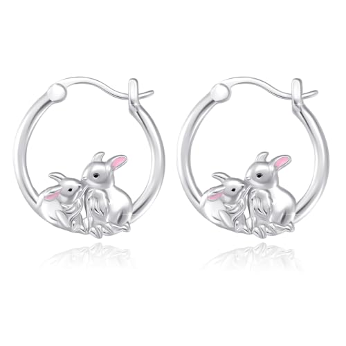 Tier Ohrringe Damen 925 Sterling Silber Fuchs/Hase/Koala/Schwein Creolen Ohrringe Huggie Kleine Kreolen Ohrringe Tier Schmuck Muttertags Geschenk für Frauen Mädchen Kinder (bunny 2) von JFASHOP