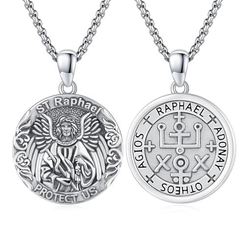 JFASHOP 925 Sterling Silber Saint Raphael Medaillen-Schutz Amulett Halskette Schutz Katholische Medaillons Kette Schmuck für Männer Frauen von JFASHOP