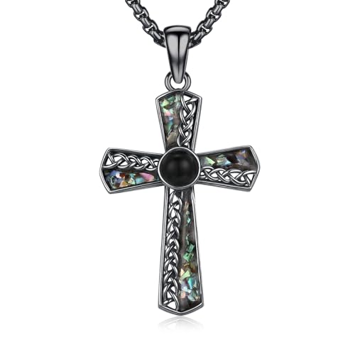 JFASHOP Abalone Kreuz Kette herren Sterling Silber Keltisches Halskette Gothic Schwarz Schmuck Geschenke für Frauen Männer von JFASHOP