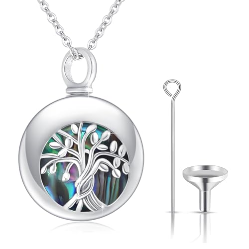 JFASHOP Baum des Lebens 925 Sterling Silber Opal Asche Schmetterling Urne Kette Memorial Cremation Lebensbaum Anhänger für Frauen Medaillon Asche Andenken (Abalone Shell) von JFASHOP