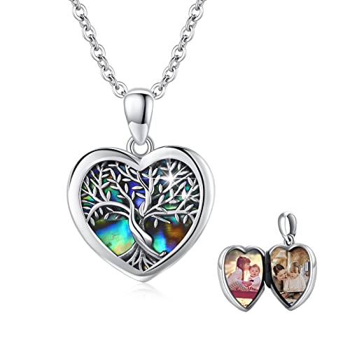 JFASHOP Baum des Lebens Bild Kette Sterling Silber Herz Abalone Stammbaum Anhänger für Frauen Schmuck Foto Bilder Medaillon Halskette Schmuck Für Frau Freundin (Baum des Lebens) von JFASHOP