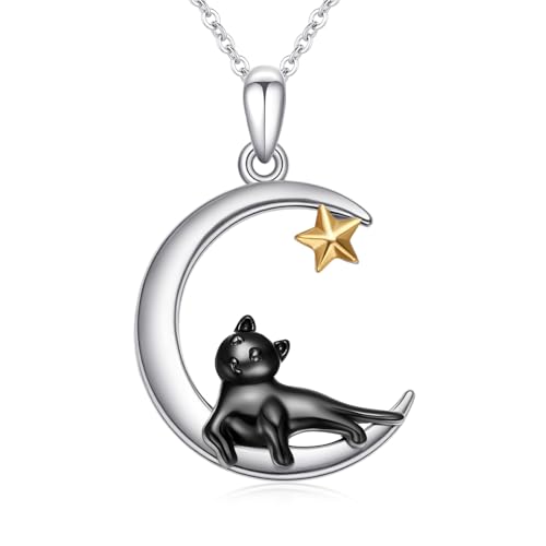 JFASHOP Katze Halskette 925 Sterling Silber Schwarz Katze Mond Anhänger Kette Schmuck Geschenk für Frauen Mädchen Mutter Kinder von JFASHOP