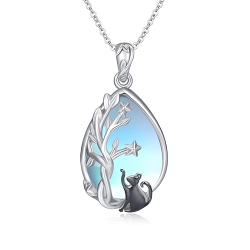 JFASHOP Lebensbaum Kette Mondstein Anhänger Halskette 925 Sterling Silber Katzen Halskette Baum des Lebens Halskette Schwarze Katze Schmuck Geschenke für Katzenliebhaber ﻿ von JFASHOP