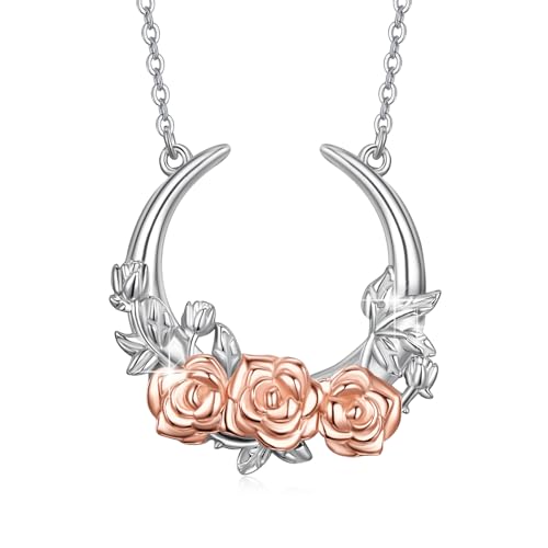 JFASHOP Mond Halskette Sterling Silber Crescent Anhänger Rose Blumen Halsketten Mond Schmuck Geschenk für Frauen Mädchen von JFASHOP