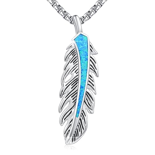 JFASHOP Opal Feder Kette 925 Sterling Silber Blau Opal Ketten Boho Chmuck Valentinstag Geschenke Für Damen Mädchen Frauen Kinder Tochter von JFASHOP